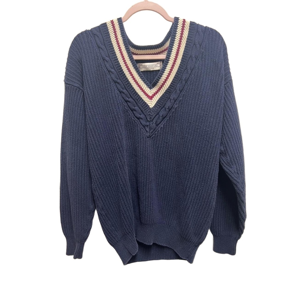 John Ashford Sweater Mens Size M Navy Blue Vintage V-Neck Striped Trim Preppy - Picture 5 of 5